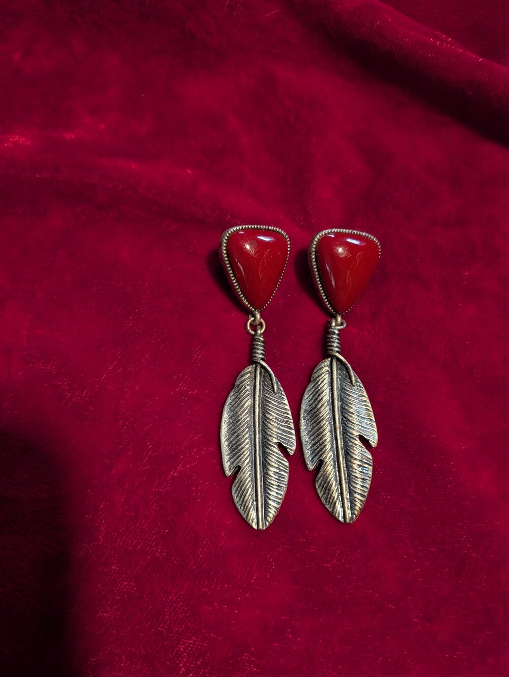 Silver Feather Drop Earrings with Deep Red Stone - Women Jewelry